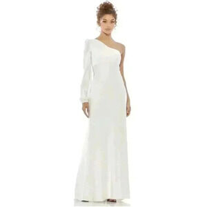 Mac Duggal One Shoulder Blouson Sleeve Satin Gown White 0 XS Maxi Dress Bridal